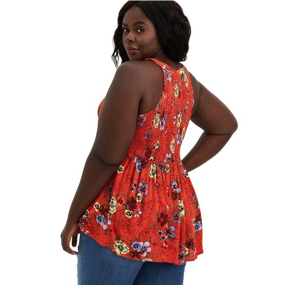 Torrid Smocked Top Babydoll Size 4X Rayon Crepe Tank Button Front Floral Red EUC - Picture 4 of 12